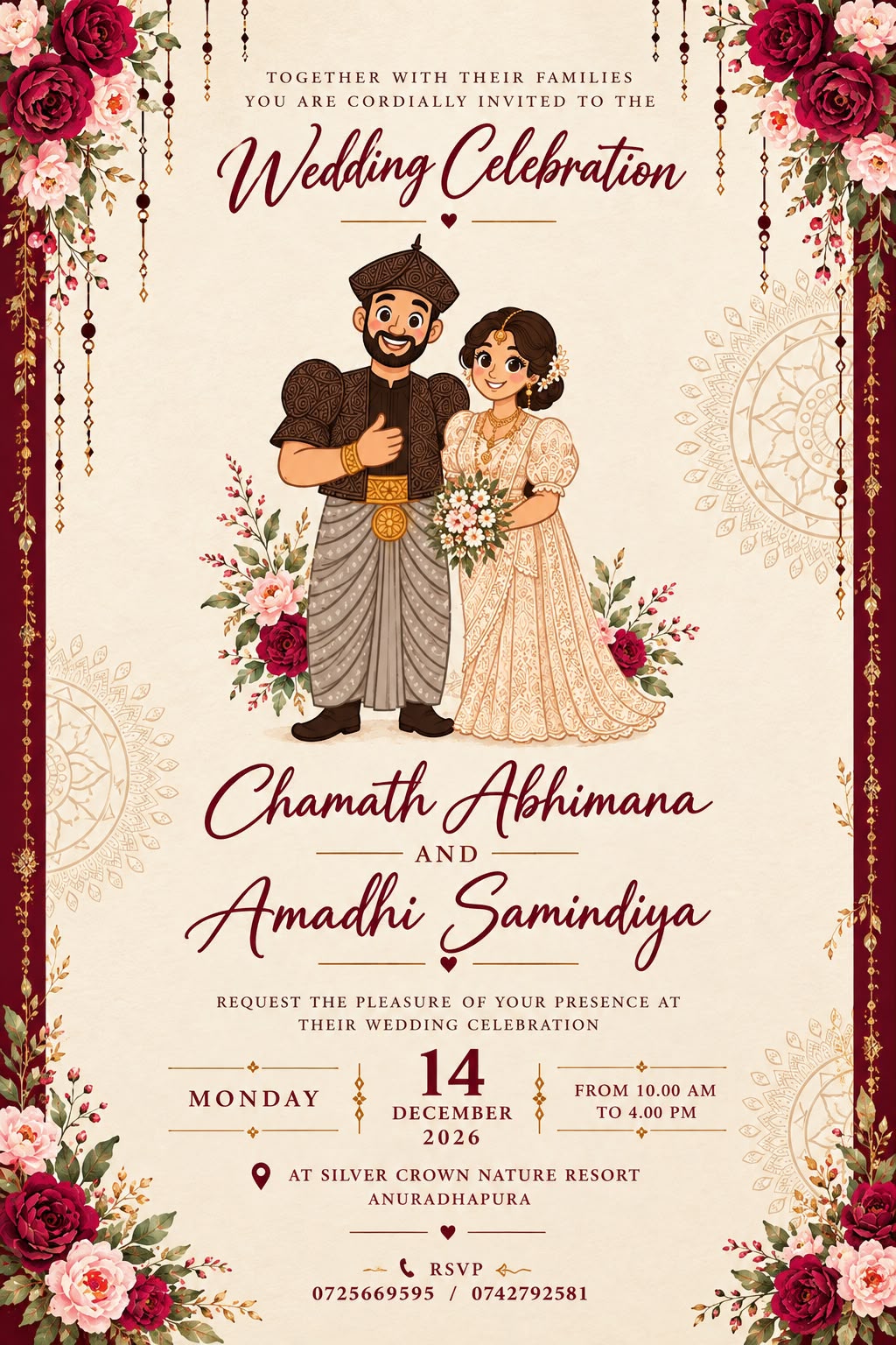 Wedding invitation – Chamath Abhimana and Amadhi Samindiya, Monday 14 December 2026, Silver Crown Nature Resort, Anuradhapura